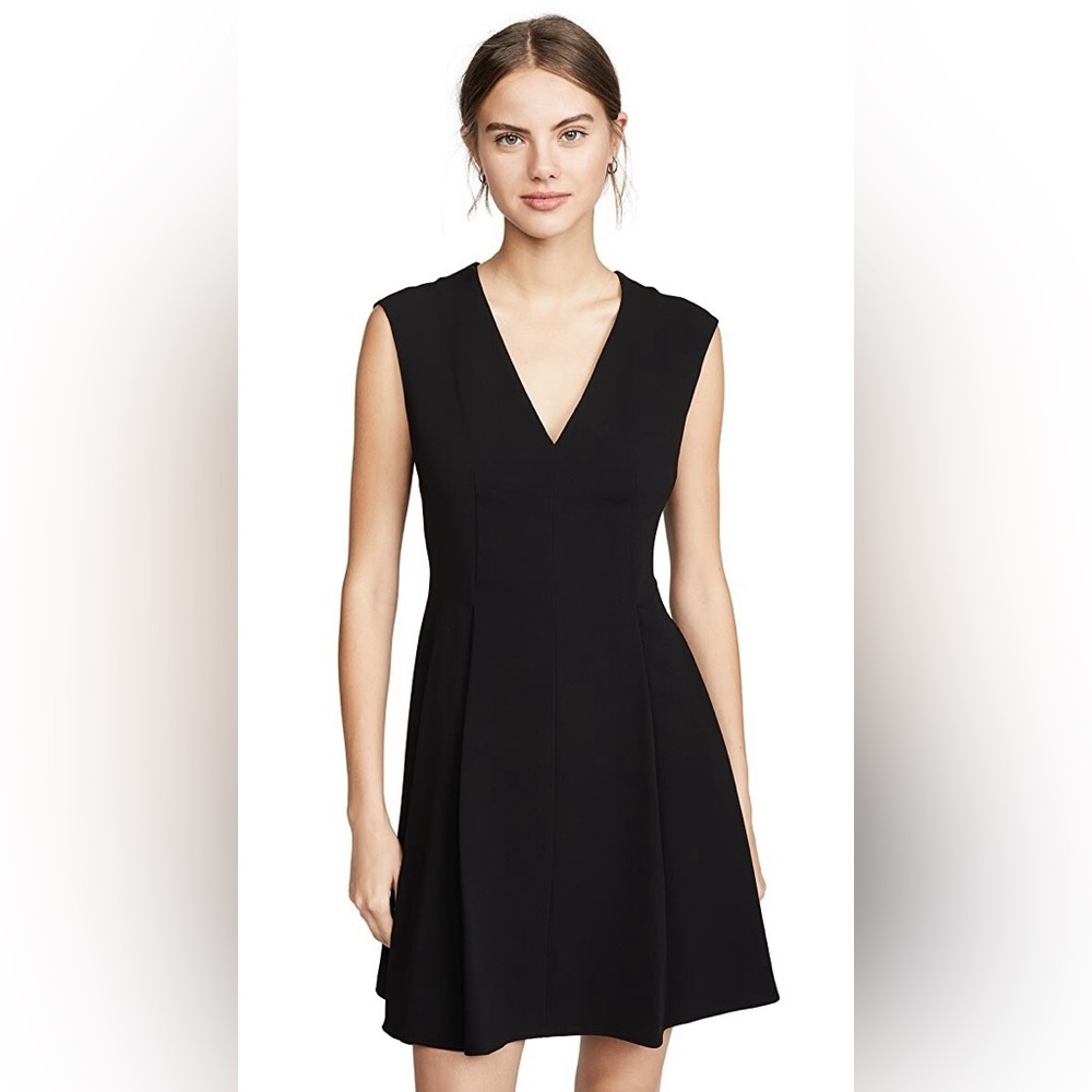 Theory Pleated Cap Dress Classic Crepe Black‎ V-Neck A-Line Mini J0709602 Size 4